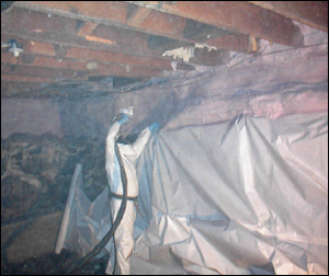 Rim joist and rafters with rot damage before foaming