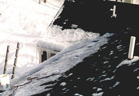 Ice dam on the edge of a roof